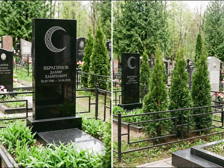 Памятник с гравировкой полумесяца — гравировка полумесяца в геометрическом орнаменте-гирихе, работа «Ибрагимов» в Омске