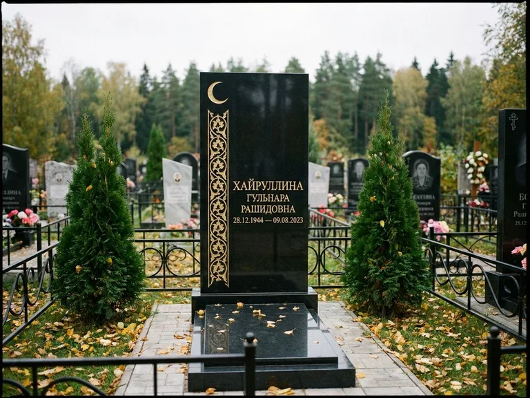 Памятник с гравировкой полумесяца — золочёный полумесяц и колонна растительного орнамента-ислими, работа «Хайруллина» в Омске