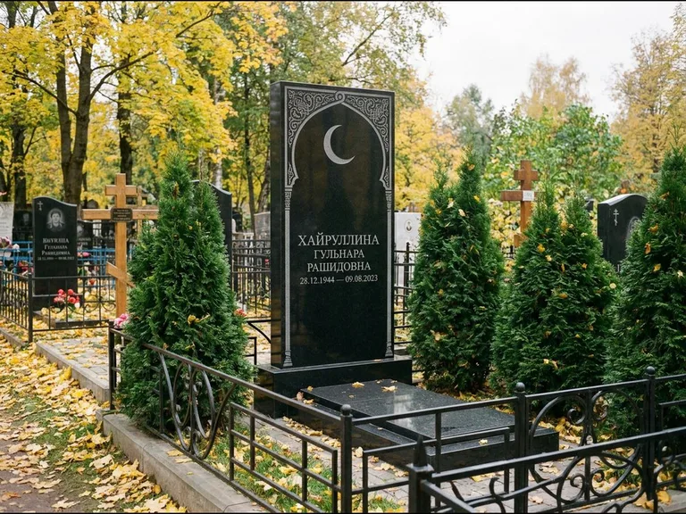 Памятник с гравировкой полумесяца — гравировка полумесяца в восточной арке с орнаментом, работа «Хайруллина» в Омске