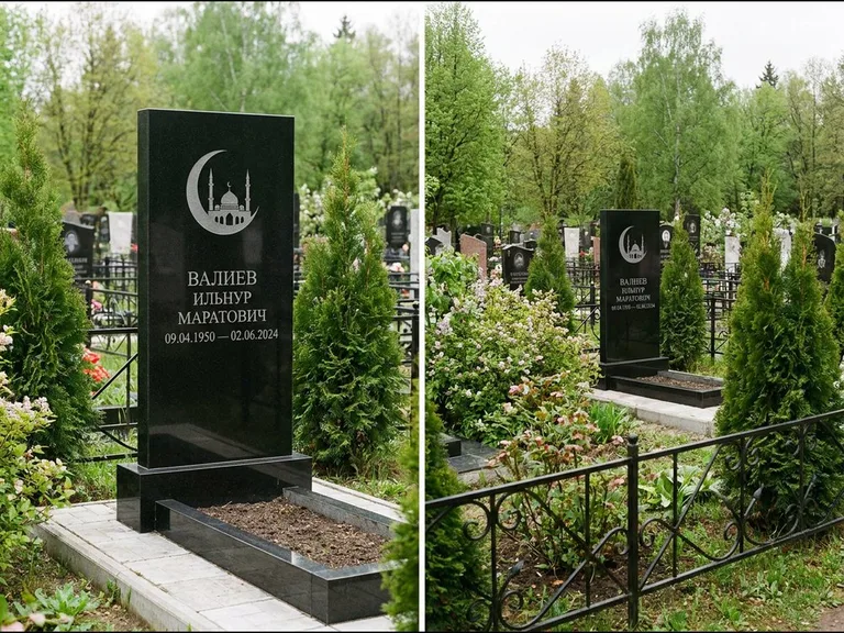 Памятник с гравировкой полумесяца — гравировка полумесяца над силуэтом мечети, работа «Валиев» в Омске