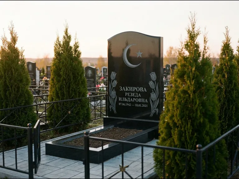 Памятник с гравировкой полумесяца — гравировка полумесяца со звездой и тюльпанами по бокам, работа «Закирова» в Омске