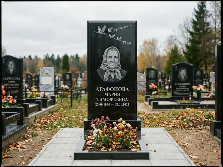 Гравировка журавлей на памятник в Омске — памятник из чёрного гранита с гравировкой