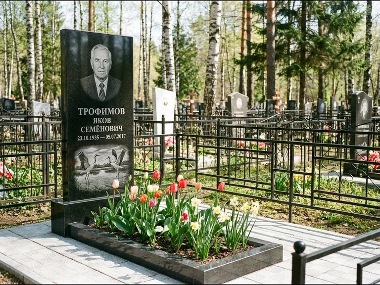 Памятник с гравировкой журавлей — гравировка пары журавлей над гладью озера в нижней части, работа «Трофимов» в Омске