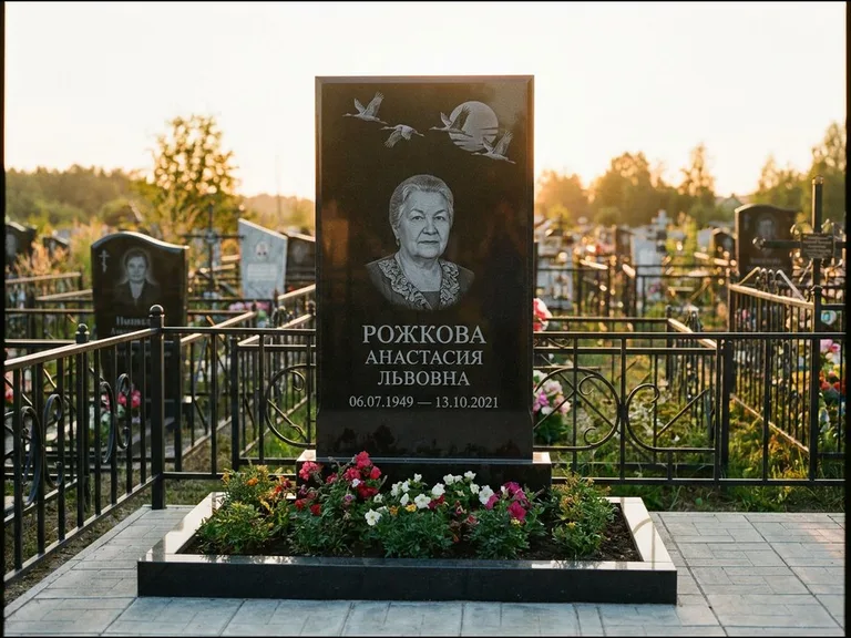 Памятник с гравировкой журавлей — гравировка клина журавлей на фоне солнечного диска, работа «Рожкова» в Омске