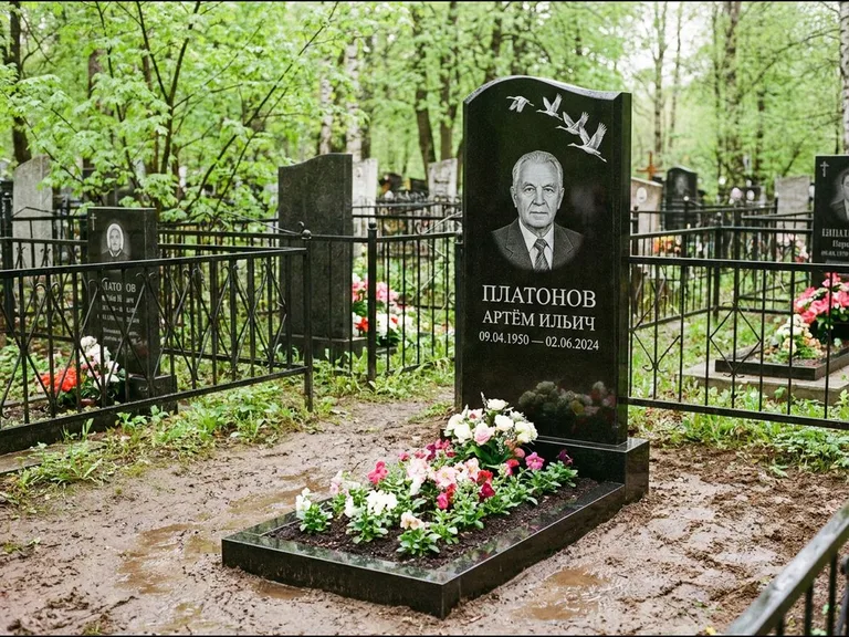 Памятник с гравировкой журавлей — белая гравировка клина журавлей, уходящего в верхний угол ст, работа «Платонов» в Омске