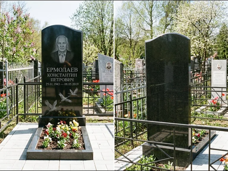 Памятник с гравировкой журавлей — гравировка трёх журавлей по диагонали через свободное поле с, работа «Ермолаев» в Омске