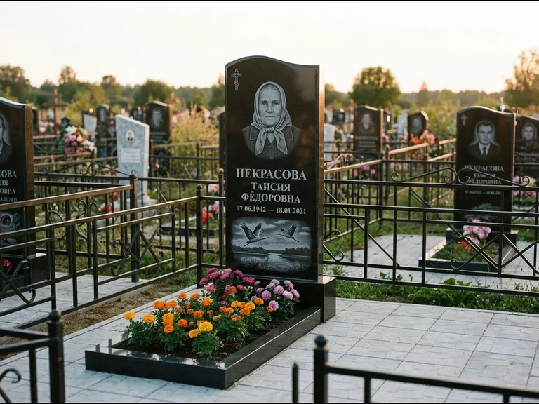 Памятник с гравировкой журавлей — гравировка пары журавлей над гладью озера в нижней части, работа «Некрасова» в Омске