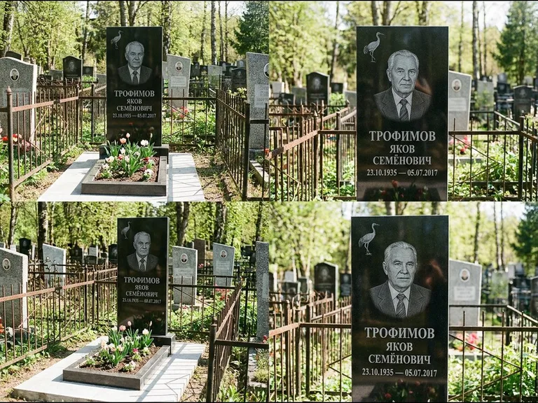 Памятник с гравировкой журавлей — гравировка одиночного летящего журавля над портретом, работа «Трофимов» в Омске