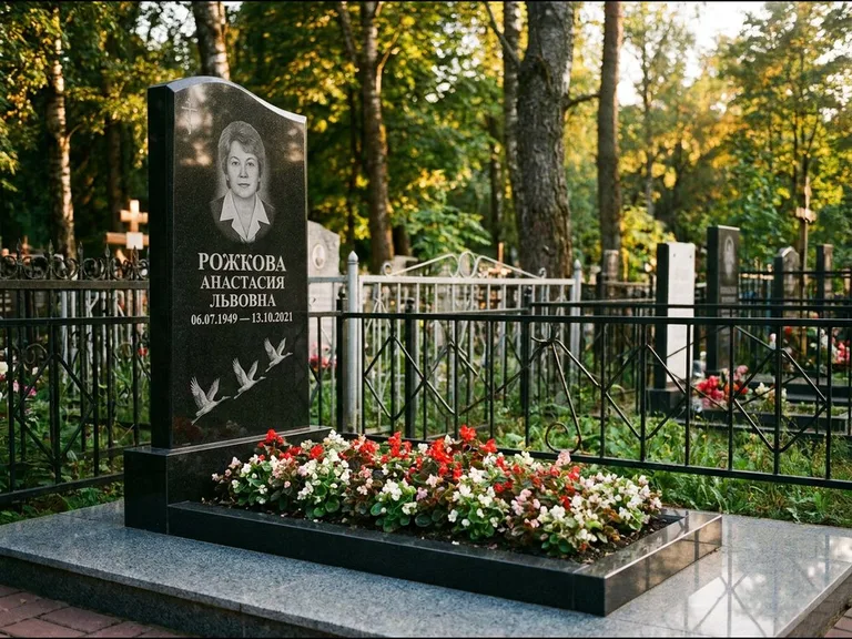 Памятник с гравировкой журавлей — гравировка трёх журавлей по диагонали через свободное поле с, работа «Рожкова» в Омске