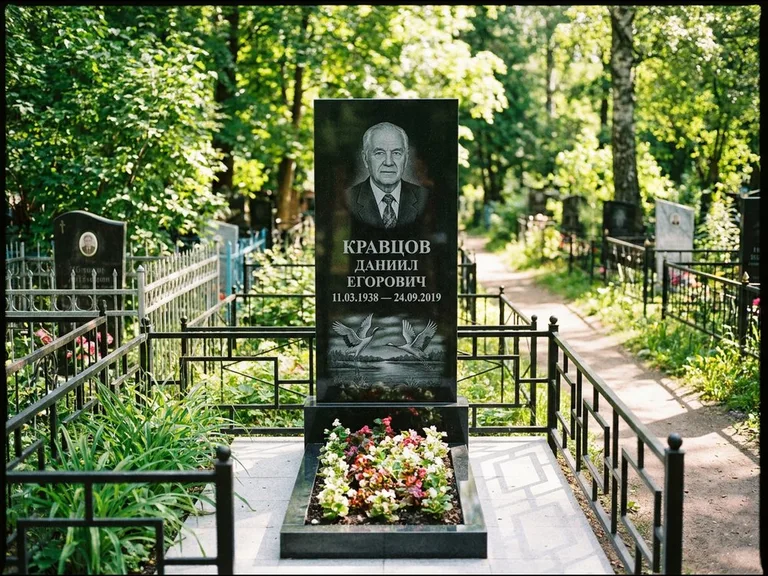 Памятник с гравировкой журавлей — гравировка пары журавлей над гладью озера в нижней части, работа «Кравцов» в Омске