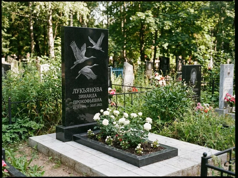 Памятник с гравировкой журавлей — гравировка журавлей, работа «Лукьянова» в Омске