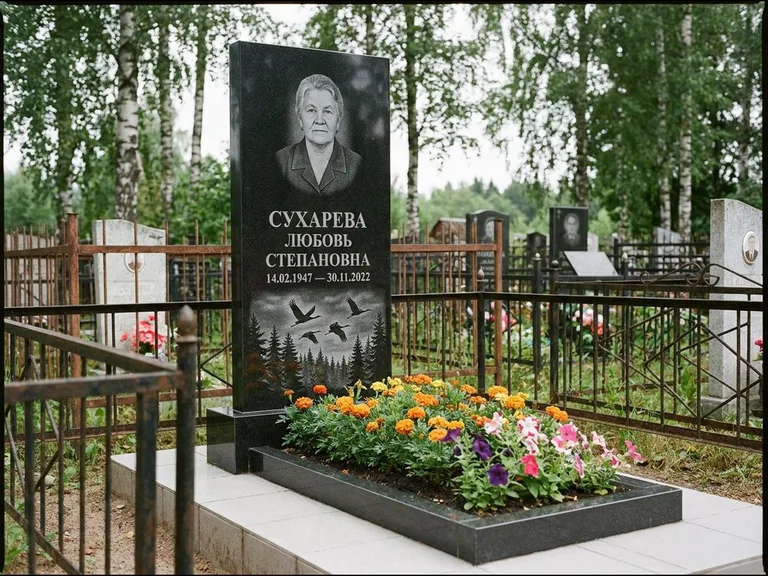 Памятник с гравировкой журавлей — гравировка силуэтов журавлей над еловым лесом, работа «Сухарева» в Омске
