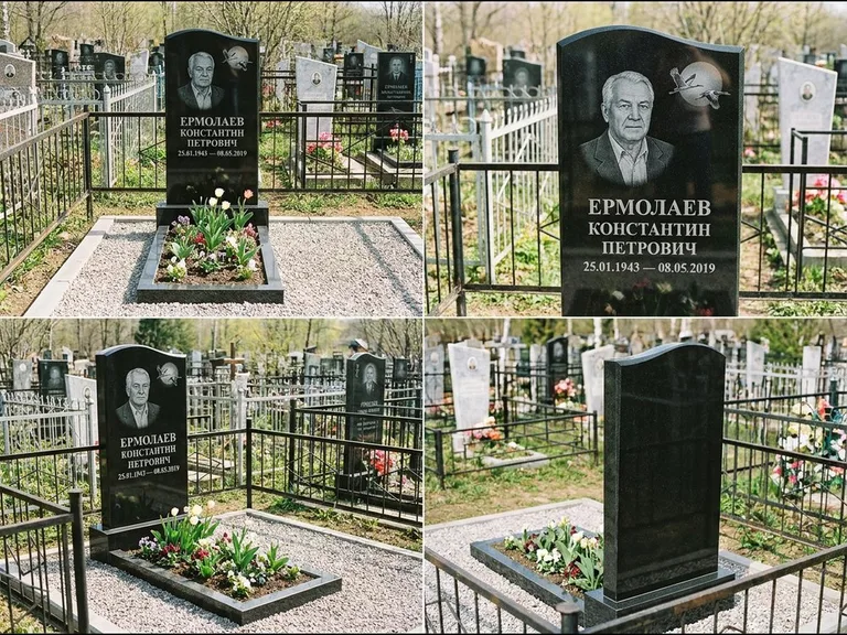 Памятник с гравировкой журавлей — гравировка клина журавлей на фоне солнечного диска, работа «Ермолаев» в Омске