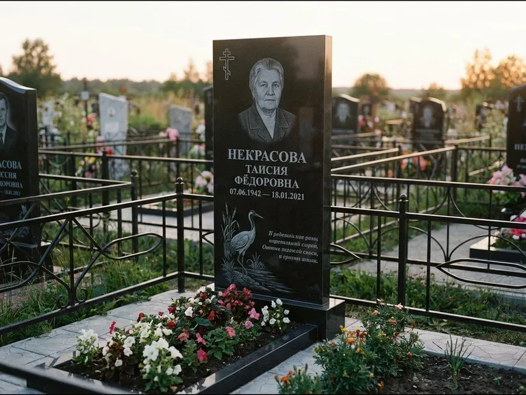 Памятник с гравировкой журавлей — гравировка журавля у камышей рядом с эпитафией, работа «Некрасова» в Омске