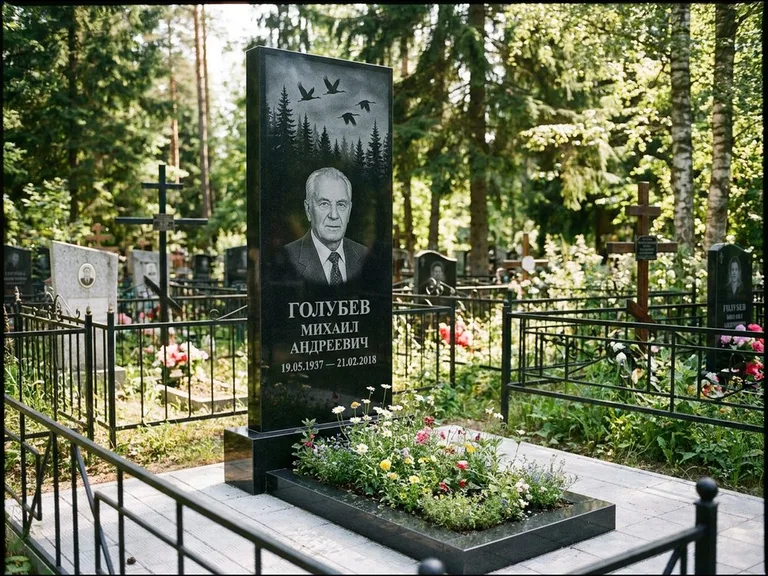 Памятник с гравировкой журавлей — гравировка силуэтов журавлей над еловым лесом, работа «Голубев» в Омске
