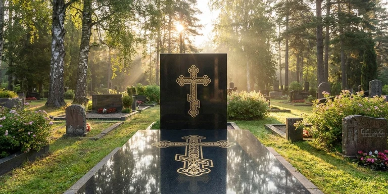 Гравировка креста на памятнике в Омске — православный восьмиконечный крест на граните