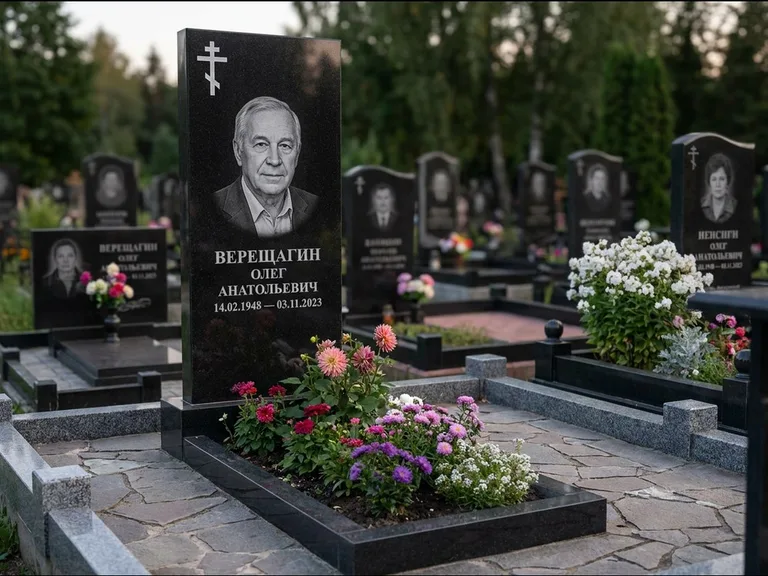 Памятник из чёрного гранита — горизонтальная плита-стела с православным восьмиконечным крестом, работа «Тихонов» в Омске