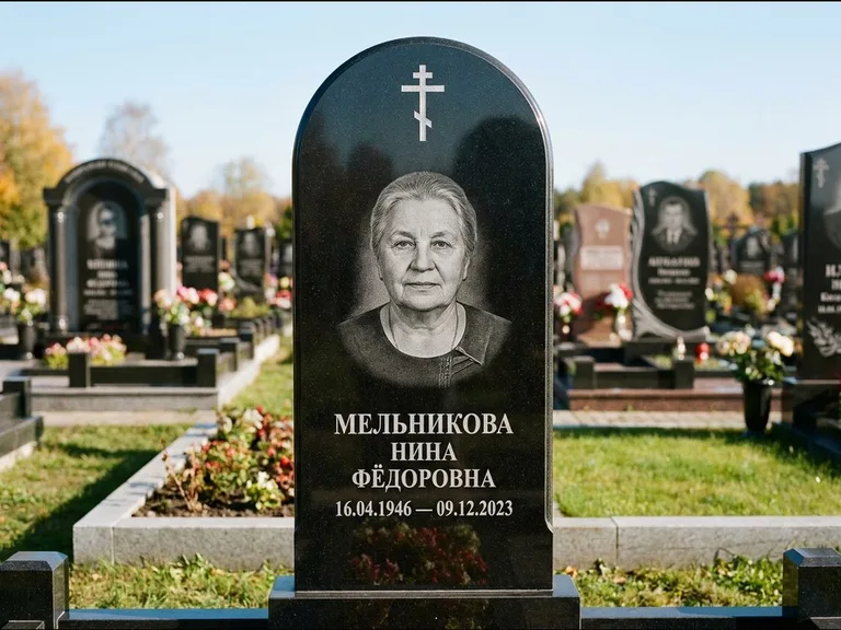 Памятник из чёрного гранита — стела с резным навершием с латинским крестом, работа «Савельева» в Омске