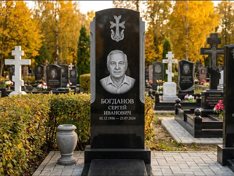 Памятник из чёрного гранита — круглая стела-медальон с армянским хачкаром, работа «Ковалёв» в Омске
