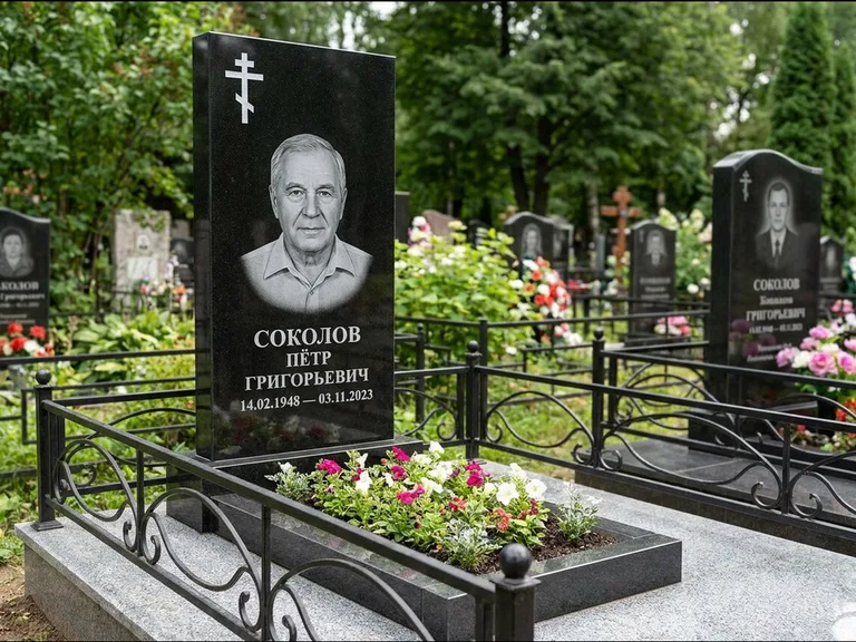Памятник из чёрного гранита — стела с арочным верхом с православным восьмиконечным крестом, работа «Ковалёв» в Омске