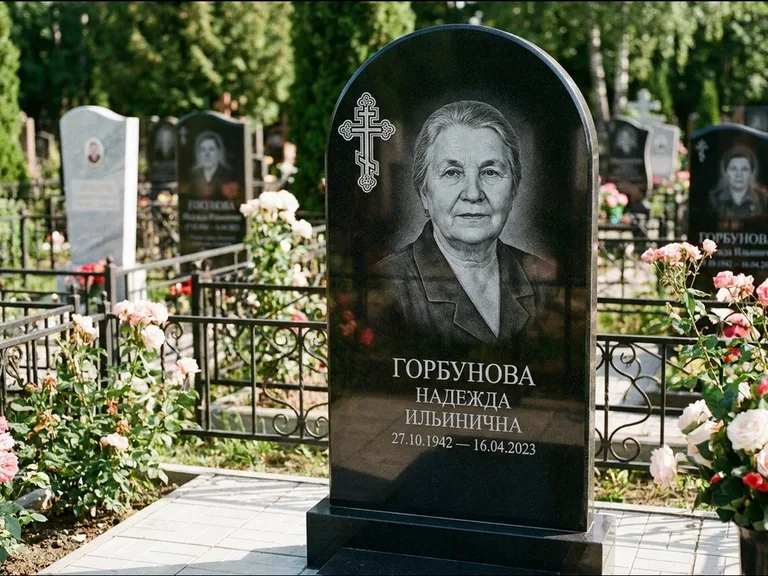 Памятник из чёрного гранита — стела с боковой колонной с крестом в лучах, работа «Мельникова» в Омске