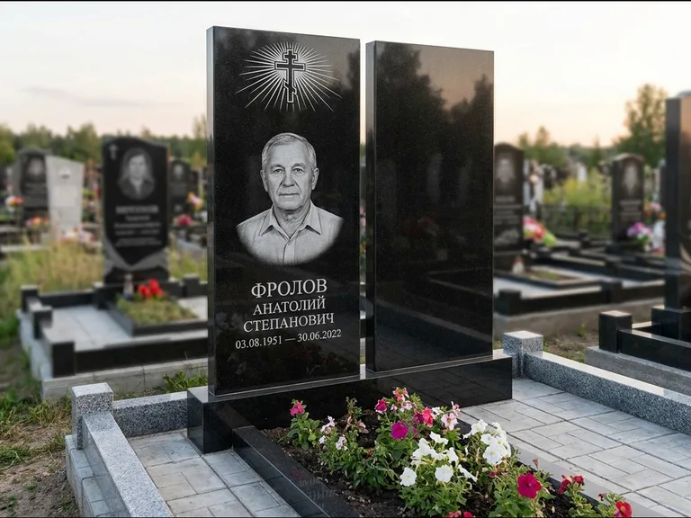 Памятник из чёрного гранита — стела на ступенчатом постаменте с золочёным крестом, работа «Богданов» в Омске