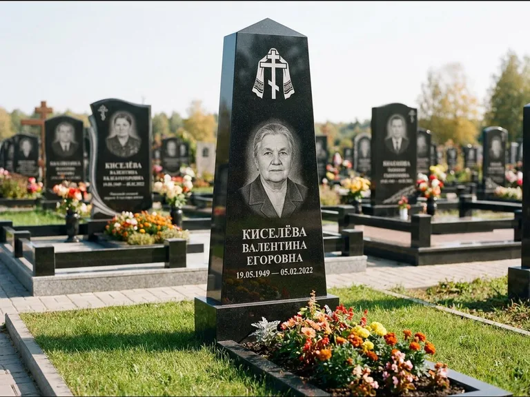 Памятник из чёрного гранита — стела со скошенным верхом с ажурным резным крестом, работа «Селезнёва» в Омске