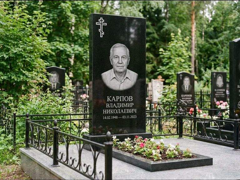 Памятник из чёрного гранита — узкая стела с ажурным крестом с православным восьмиконечным крестом, работа «Гущин» в Омске