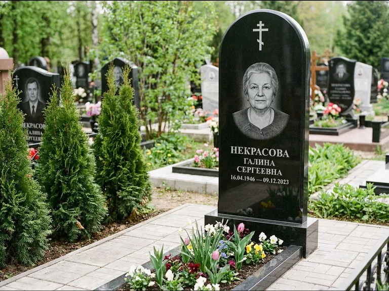 Памятник из чёрного гранита — стела с цветником-плитой с латинским крестом, работа «Лаврентьева» в Омске