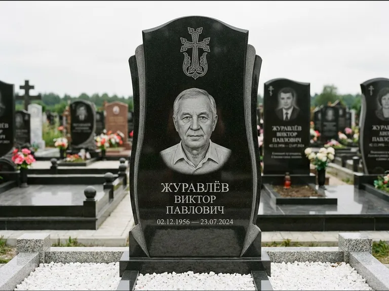 Памятник из чёрного гранита — панорамная стела с армянским хачкаром, работа «Тихонов» в Омске