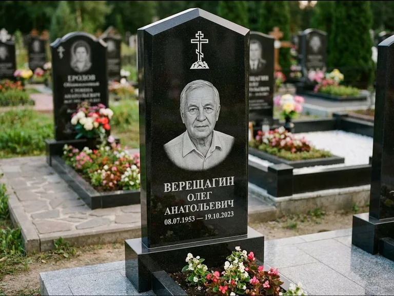 Памятник из чёрного гранита — обелиск-колонна с крестом на Голгофе, работа «Ковалёв» в Омске