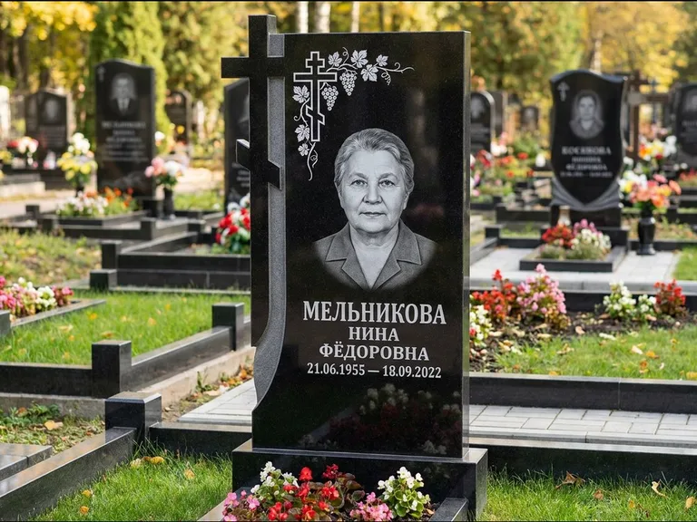 Памятник из чёрного гранита — стела с резной рамкой с крестом с распятием, работа «Некрасова» в Омске