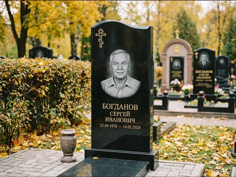 Памятник из чёрного гранита — стела с цветником с процветшим крестом с виноградной лозой, работа «Журавлёв» в Омске