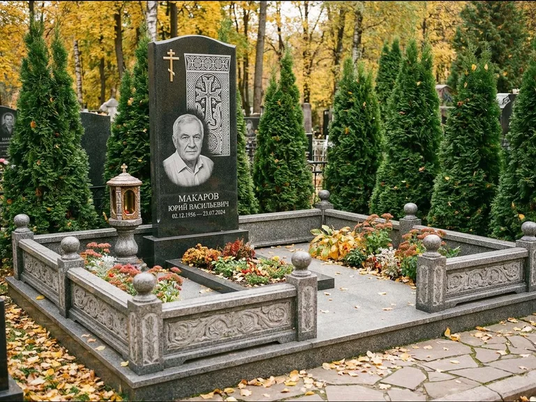 Памятник из чёрного гранита — стела с крестом и лампадой с армянским хачкаром, работа «Гущин» в Омске