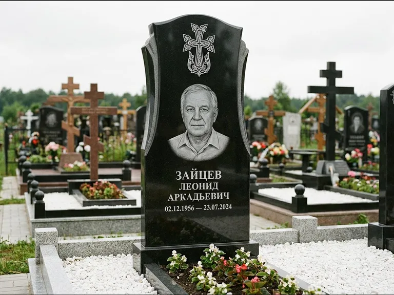 Памятник из чёрного гранита — семейная стела на двоих с армянским хачкаром, работа «Журавлёв» в Омске