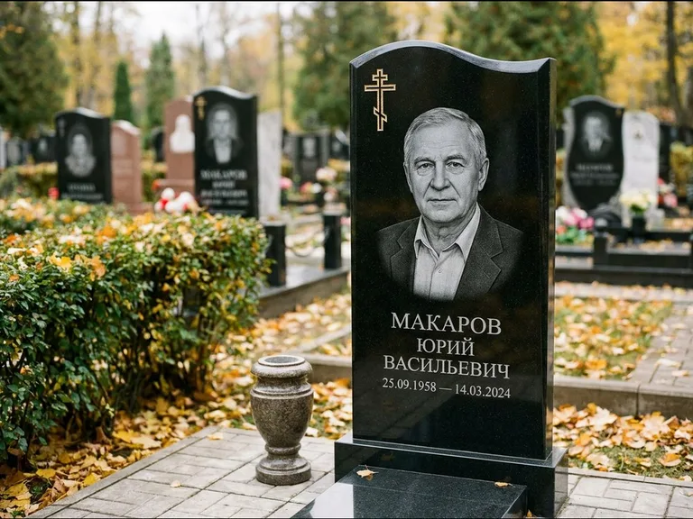 Памятник из чёрного гранита — фигурная стела с киот-нишей с процветшим крестом с виноградной лозой, работа «Богданов» в Омске