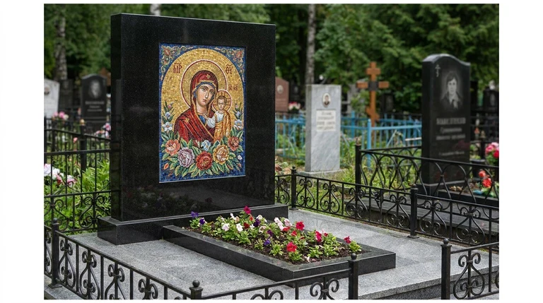 Мозаика на памятник в Омске — цветное панно из смальты на чёрной гранитной стеле