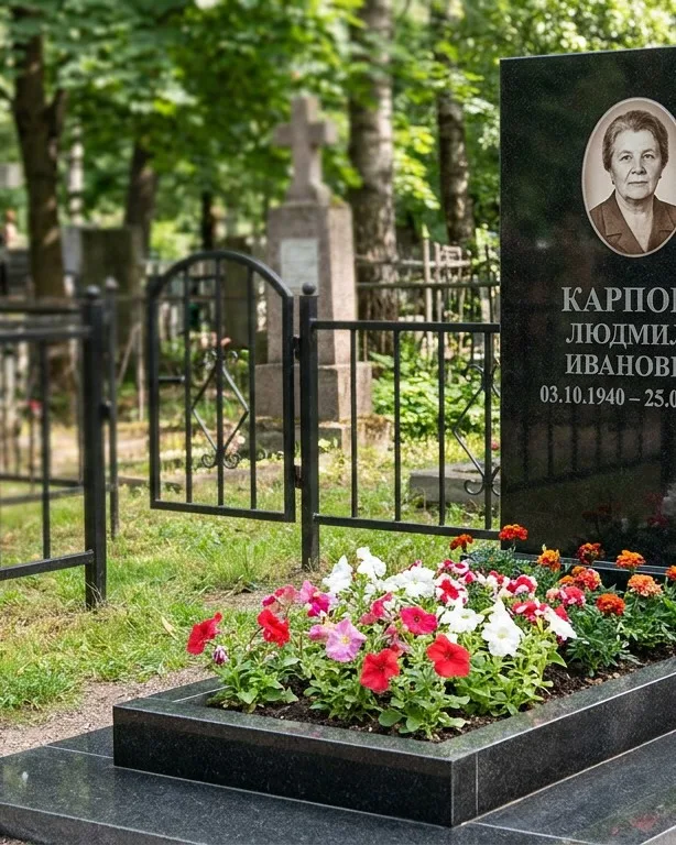 Памятник под ключ с низкой оградой и цветником в Омске