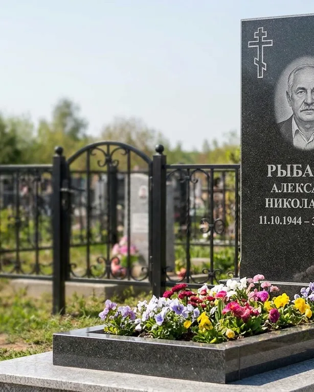 Двойной памятник под ключ с ярким цветником в Омске