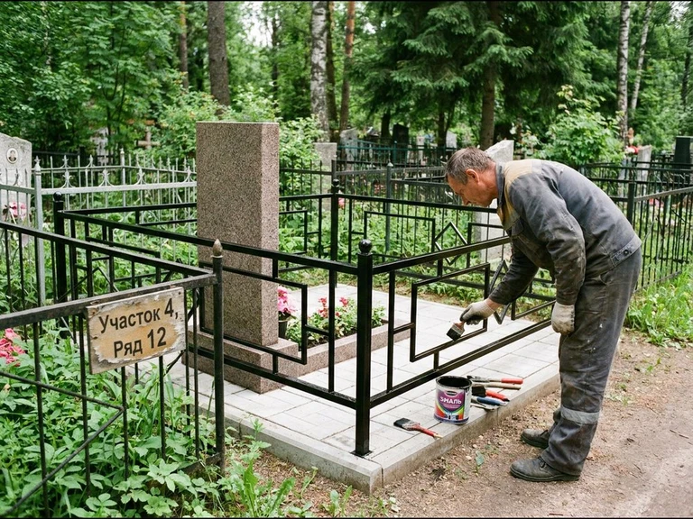 Покраска оградки на кладбище в Омске — мастер красит металлическую ограду на могиле чёрной эмалью