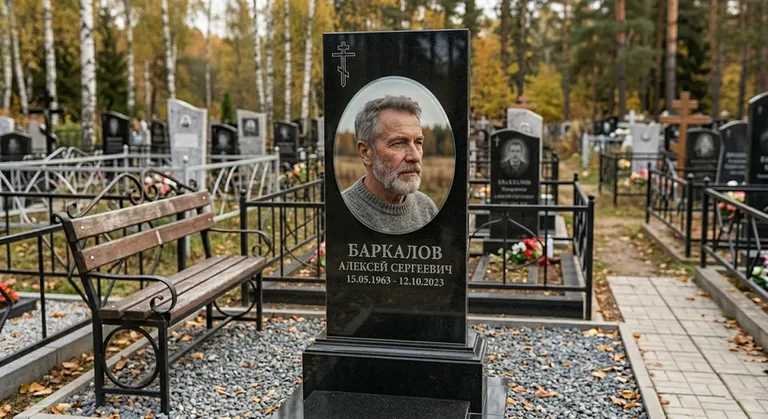 Овальный портрет на стекле на чёрной гранитной стеле в Омске
