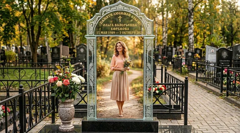 Портрет на стекле в форме арки на памятнике в Омске