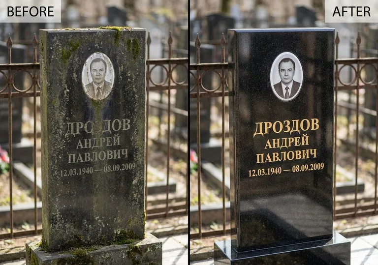 Чистка и полировка гранитного памятника: до и после в Омске