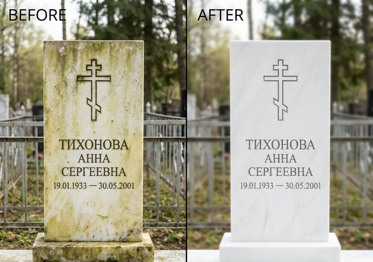 Восстановление мраморного надгробия от желтизны: до и после в Омске