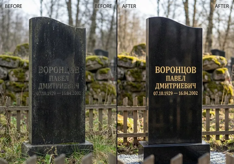 Золочение и обновление надписей на памятнике: до и после в Омске