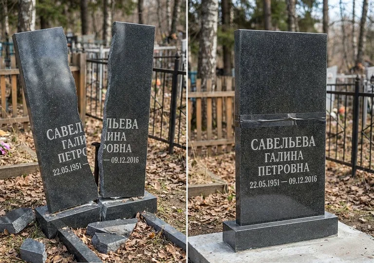 Склейка расколотого гранитного памятника: до и после в Омске