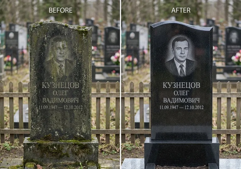 Реставрация гранитного памятника: до и после чистки и полировки в Омске