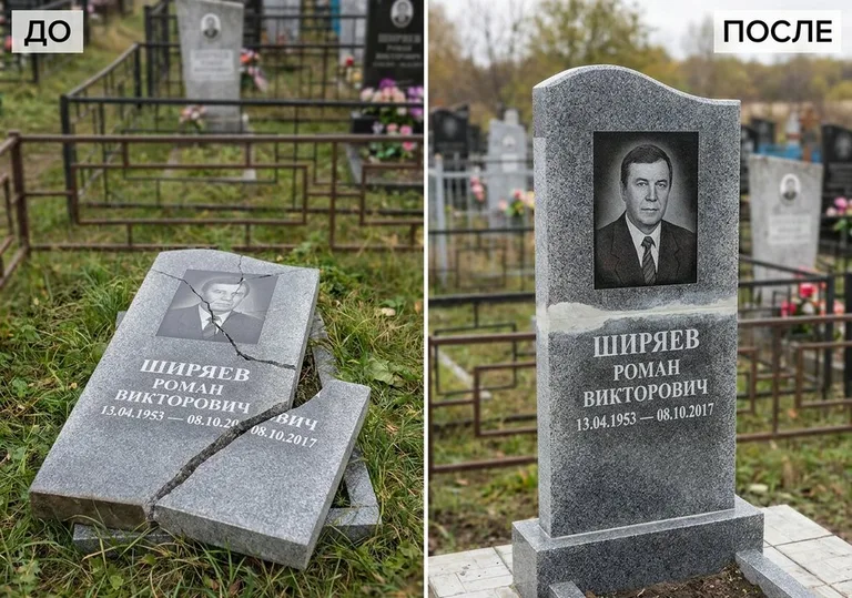 Обновление золочёных букв на граните: до и после в Омске