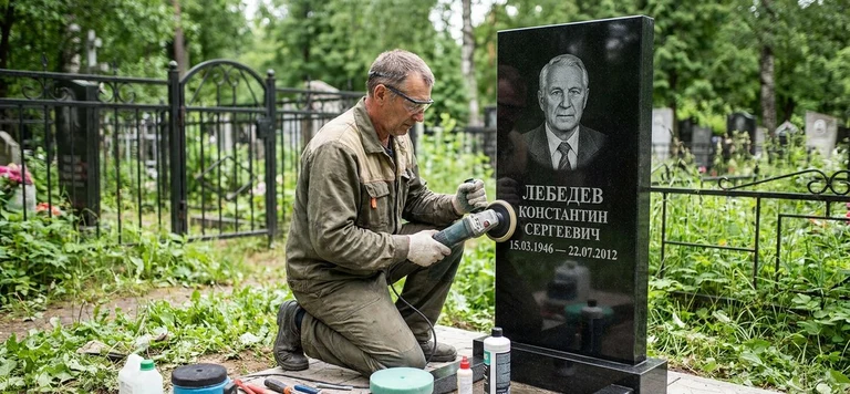 Реставрация памятника в Омске — восстановление гранита, заделка трещин и обновление надписей на кладбище