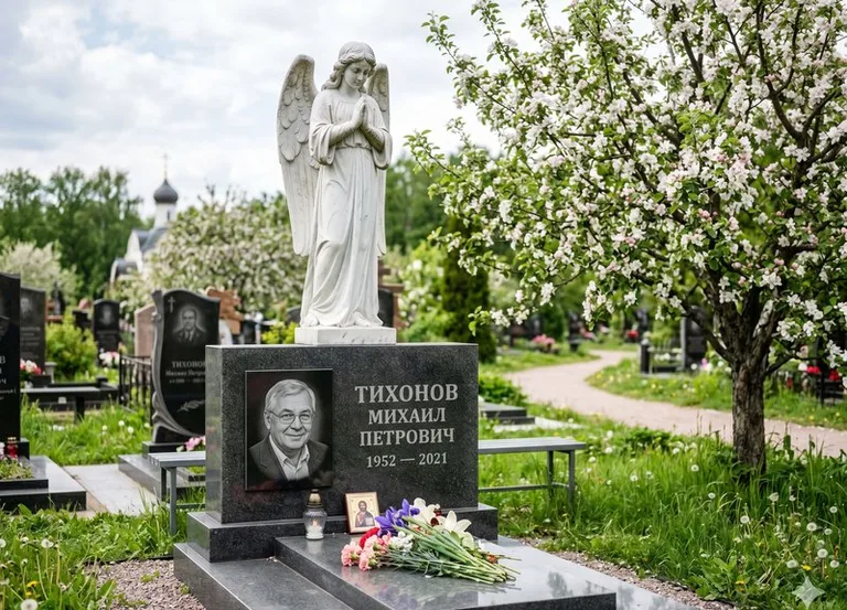 Мраморный молящийся ангел на гранитном памятнике весной в Омске